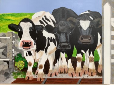 Painting titled "Young cows at a cat…" by Susan J Green, Original Artwork, Acrylic Mounted on Wood Stretcher frame