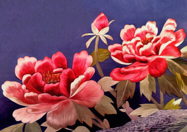 Digitale Kunst mit dem Titel "Silk Peonies - Kimo…" von Susan Maxwell Schmidt, Original-Kunstwerk, Digitale Malerei