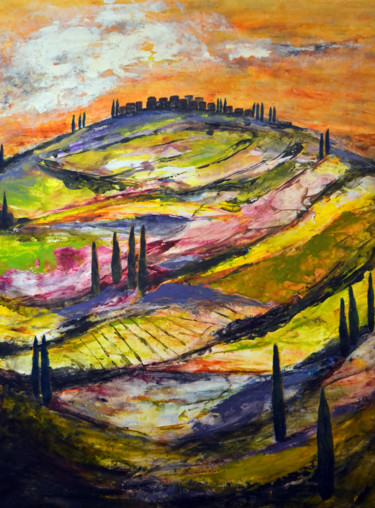 Peinture intitulée "Sunset hilltop vill…" par Susan Monk, Œuvre d'art originale, Acrylique