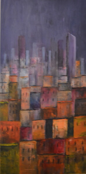 Painting titled "Old and the new city" by Susan Monk, Original Artwork, Acrylic
