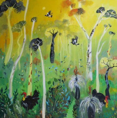 Pintura titulada "Bush Turkeys on Yel…" por Susan Trudinger, Obra de arte original, Acrílico