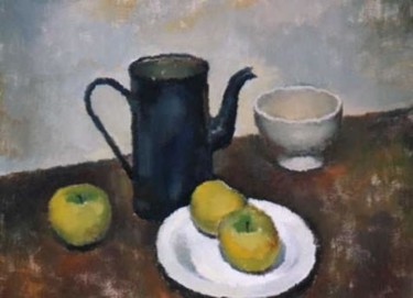 Painting titled "Cafetera azul con m…" by Susana Saporiti, Original Artwork, Oil