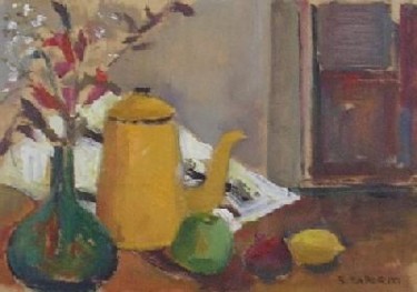 Painting titled "Cafetera amarilla" by Susana Saporiti, Original Artwork, Oil