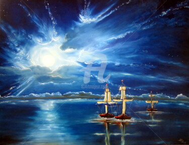 Painting titled "Boats in the Moonli…" by Susanart, Original Artwork, Oil