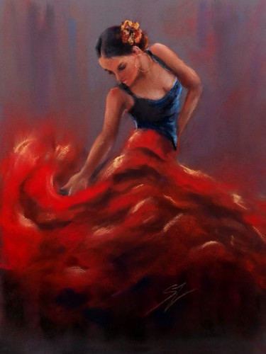 Painting titled "Flamenco Dancer 50" by Susana Zarate, Original Artwork, Pastel