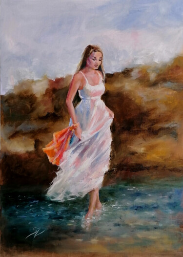 Painting titled "Girl walking on the…" by Susana Zarate, Original Artwork, Oil