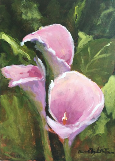 Painting titled "Pink Calla Lilies" by Susan E Jones, Original Artwork, Acrylic