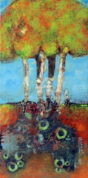 Painting titled "Pillars of the World" by Sushma Legendre Mcintosh, Original Artwork, Oil Mounted on Wood Panel