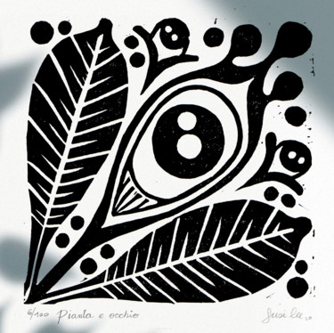 Prenten & gravures getiteld "Occhio e foglie" door Susi Lee, Origineel Kunstwerk, Linosnede