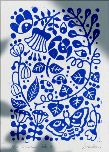 Impressões e gravuras intitulada "Giardino Blu II" por Susi Lee, Obras de arte originais, Linoleogravura
