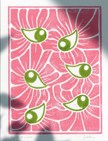 Prenten & gravures getiteld "verde e rosa" door Susi Lee, Origineel Kunstwerk, Linosnede