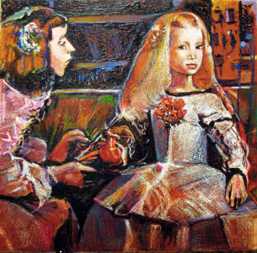 Schilderij getiteld "meninas" door Suso C. Ben, Origineel Kunstwerk, Glazuur Gemonteerd op Frame voor houten brancard