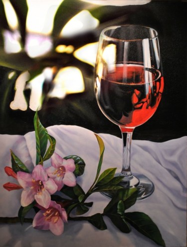 Painting titled "vino rojo y flores" by Suso C. Ben, Original Artwork, Oil