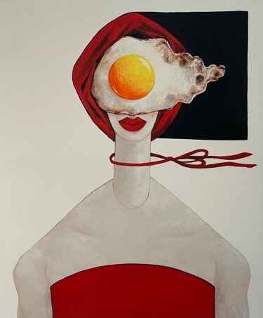 Painting titled "Egg girl in red on…" by Ta Byrne, Original Artwork, Oil