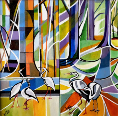 Painting titled ""herons and trees"…" by Suzanh, Original Artwork, Acrylic Mounted on Wood Panel