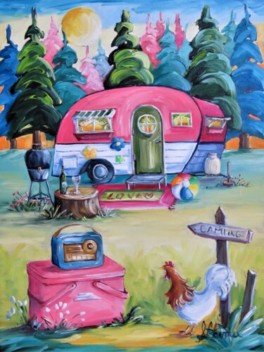 Painting titled "La poule en camping" by Suzanne Claveau, Original Artwork, Oil Mounted on Wood Stretcher frame