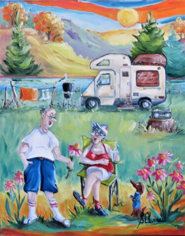 Peinture intitulée "Les retraités heure…" par Suzanne Claveau, Œuvre d'art originale, Huile Monté sur Châssis en bois