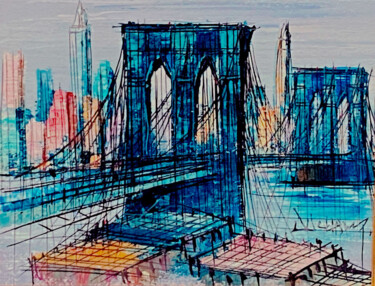 Painting titled ""Le pont de Brookly…" by Suzanne Duchamp, Original Artwork, Oil Mounted on Cardboard