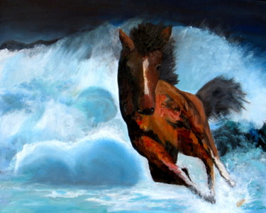 Painting titled "86 CHEVAL DANS LA T…" by Suzanne Leseve, Original Artwork, Oil Mounted on Wood Stretcher frame