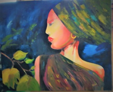 Painting titled "129 femme fleur" by Suzanne Leseve, Original Artwork, Oil Mounted on Wood Stretcher frame