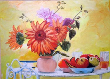 Peinture intitulée "petit dej au jardin" par Suzanne Leseve, Œuvre d'art originale
