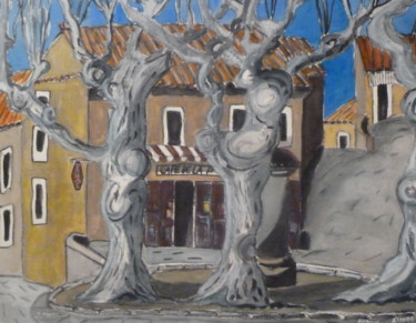 Malerei mit dem Titel "Café de la poste" von Suzanne Piesk, Original-Kunstwerk, Aquarell