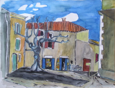 Painting titled "Café in Lagnes" by Suzanne Piesk, Original Artwork, Watercolor