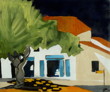 Malerei mit dem Titel "Café in Lagnes" von Suzanne Piesk, Original-Kunstwerk, Acryl
