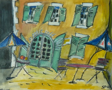 Painting titled "Café on Oppède-le-v…" by Suzanne Piesk, Original Artwork, Watercolor