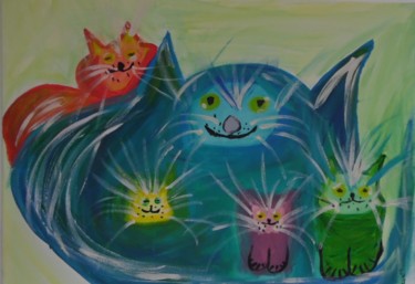 Malerei mit dem Titel "Katzen Mama mit 4 K…" von Suzanne Von Schledorn, Original-Kunstwerk, Acryl