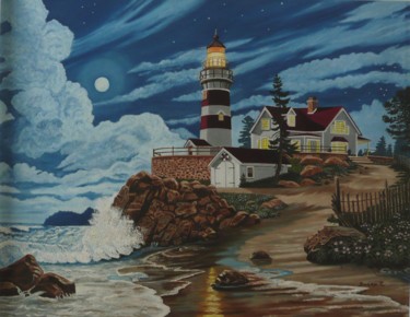 Peinture intitulée "Le phare et la mais…" par Suzanne Plante, Œuvre d'art originale, Huile
