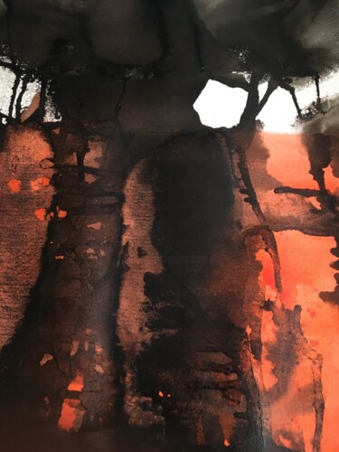 Peinture intitulée ""Forêt rouge"" par Suzelle Billioud, Œuvre d'art originale, Encre Monté sur Châssis en bois