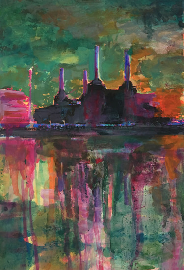 Schilderij getiteld "Battersea- green sky" door Suzsi Corio, Origineel Kunstwerk, Aquarel