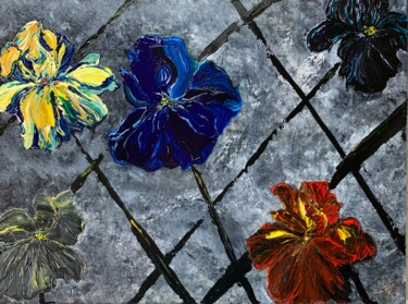 Painting titled "5 Irises" by Suzy Martin, Original Artwork, Acrylic