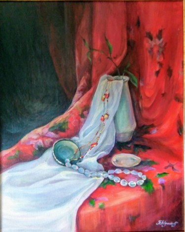 Painting titled ""Натюрморт с бусами"" by Mila Hilgendorff, Original Artwork, Acrylic Mounted on Cardboard