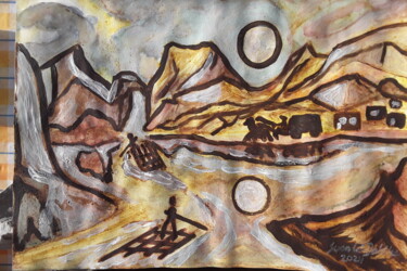 Schilderij getiteld "Die Flösser" door Sven W. Dahlke, Origineel Kunstwerk, Aquarel