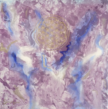 Blume des Lebens Flieder Silber Malerei mit dem Titel "Blume des Lebens Fl…" von Svenja Lunise, Original Kunstwerk, Acryl