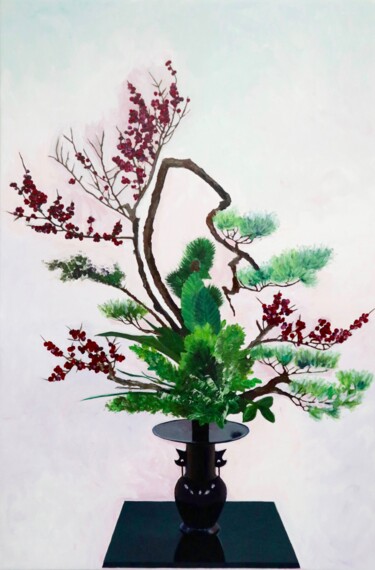 Painting titled "Holly branches" by Sophius, Original Artwork, Acrylic Mounted on Wood Stretcher frame