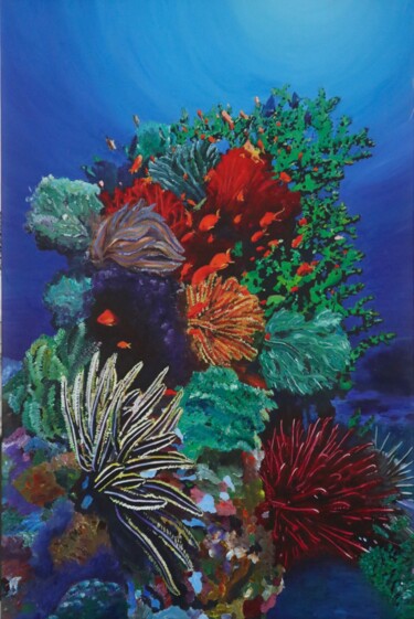 Painting titled "Green Corals" by Sophius, Original Artwork, Acrylic Mounted on Wood Stretcher frame