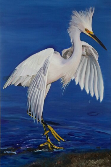 Painting titled "White Egret" by Sophius, Original Artwork, Acrylic Mounted on Wood Stretcher frame
