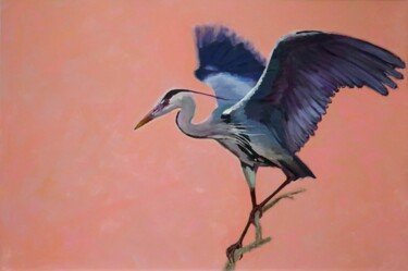 Schilderij getiteld "Gray Heron" door Sophius, Origineel Kunstwerk, Acryl Gemonteerd op Frame voor houten brancard