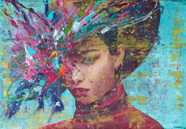 Painting titled "Femme au chapeau" by Sophius, Original Artwork, Acrylic Mounted on Wood Stretcher frame