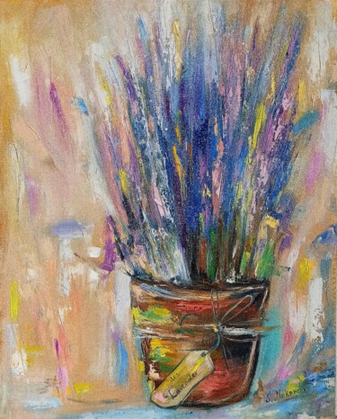 Painting titled "Lavender bouquet" by Sveta Makarenko, Original Artwork, Oil Mounted on Wood Stretcher frame