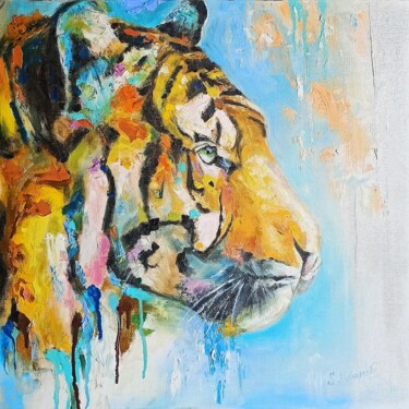 Painting titled "Tiger" by Sveta Makarenko, Original Artwork, Oil Mounted on Wood Stretcher frame