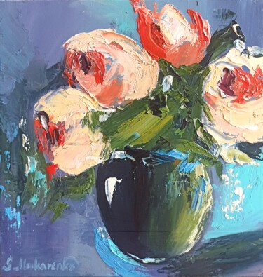 Pintura titulada "Peonies oil paintin…" por Sveta Makarenko, Obra de arte original, Oleo