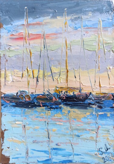 Painting titled "Yacht in the sunset" by Sveta Makarenko, Original Artwork, Oil