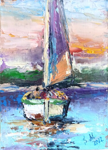 Malarstwo zatytułowany „Seascape with a yac…” autorstwa Sveta Makarenko, Oryginalna praca, Olej