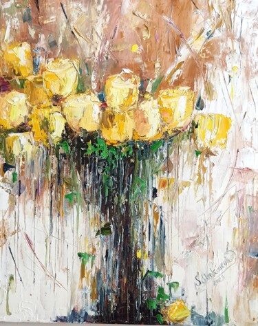 Painting titled "Yellow roses" by Sveta Makarenko, Original Artwork, Oil