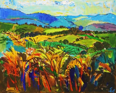 Painting titled "Fields and mountain…" by Sveta Peuch, Original Artwork, Acrylic Mounted on Other rigid panel