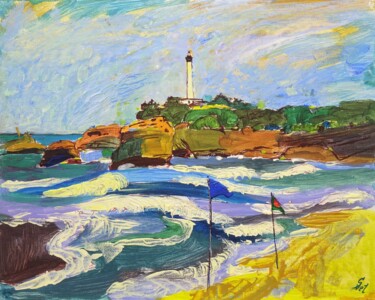 Painting titled "Beach in Biarritz" by Sveta Peuch, Original Artwork, Acrylic Mounted on Other rigid panel